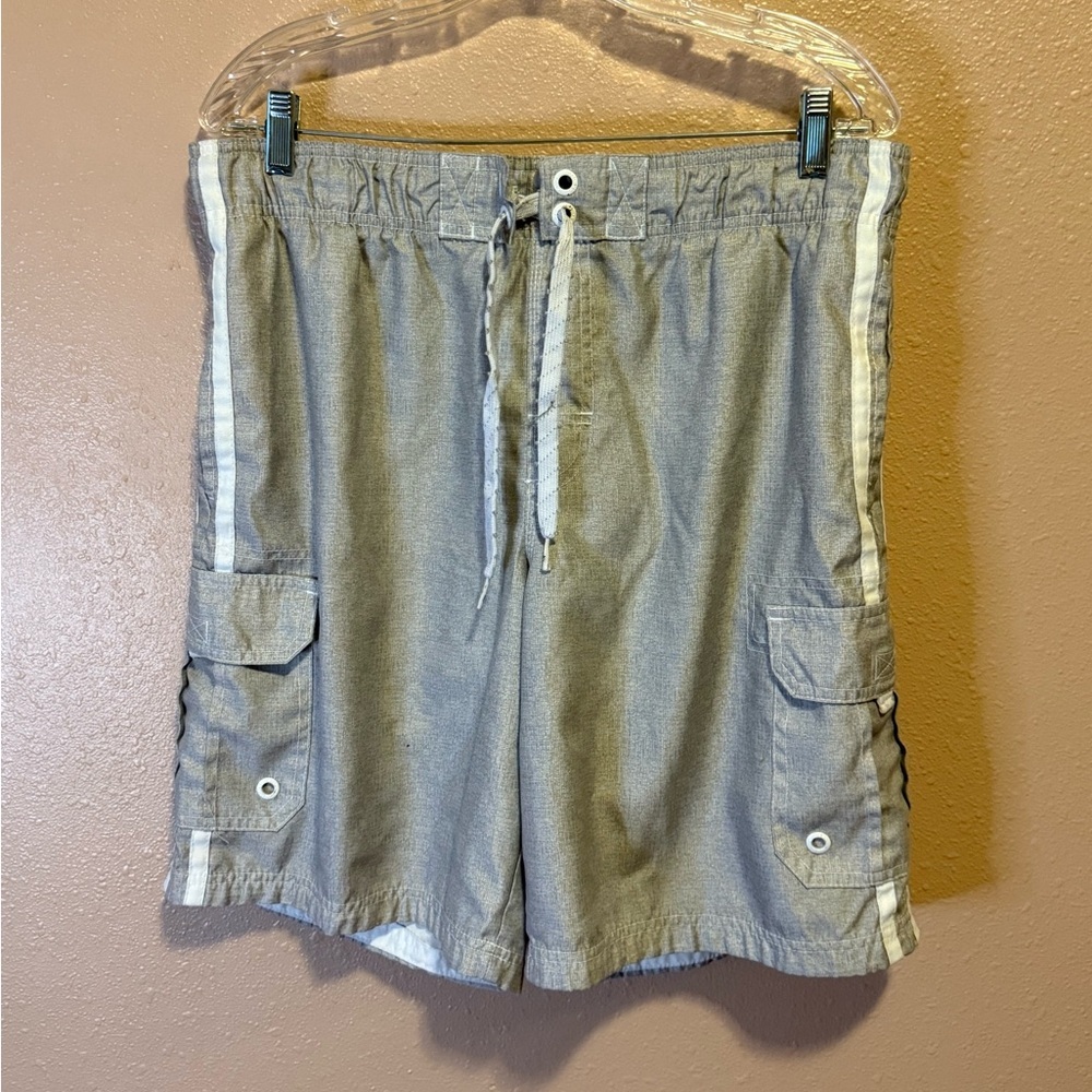 Gray Men's Swim Trunks with White Stripes